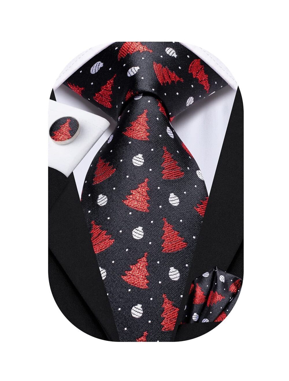 4248 Black Red Christmas Ties Set Silk Christmas Tie Pocket Square